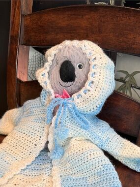 Handmade Blue and White Crocheted Hooded Coat